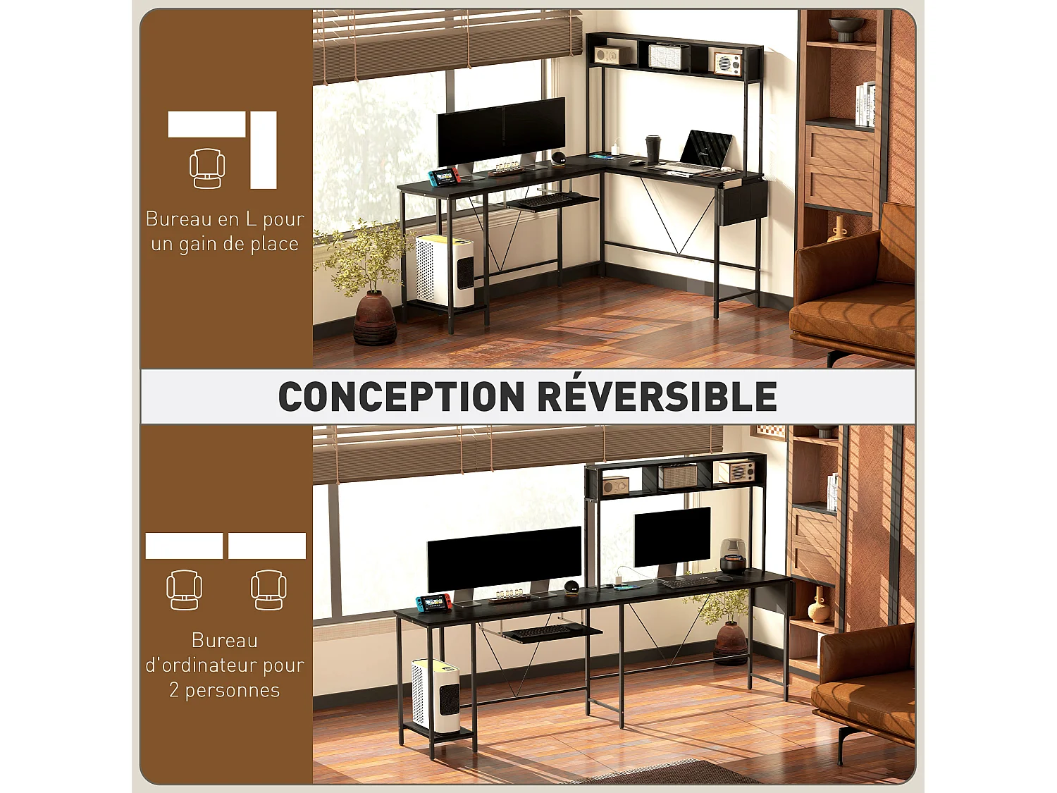 Bureau d'angle réversible design - multi-rangement - prise et port USB - métal effet bois noir