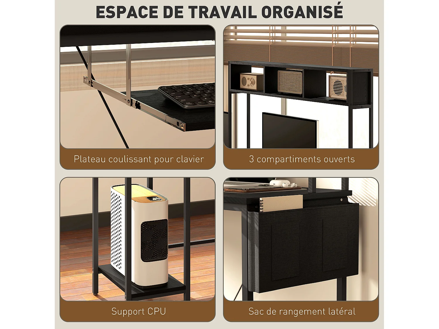 Bureau d'angle réversible design - multi-rangement - prise et port USB - métal effet bois noir