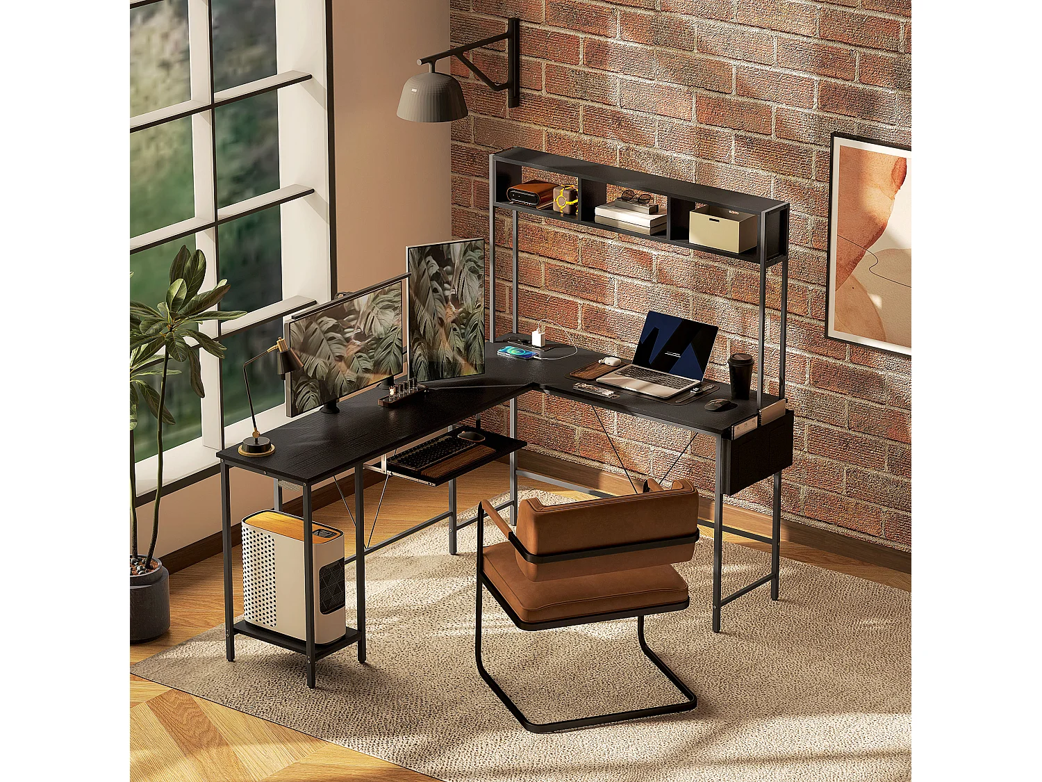 Bureau d'angle réversible design - multi-rangement - prise et port USB - métal effet bois noir