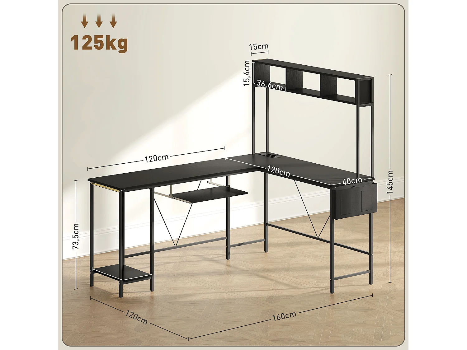 Bureau d'angle réversible design - multi-rangement - prise et port USB - métal effet bois noir