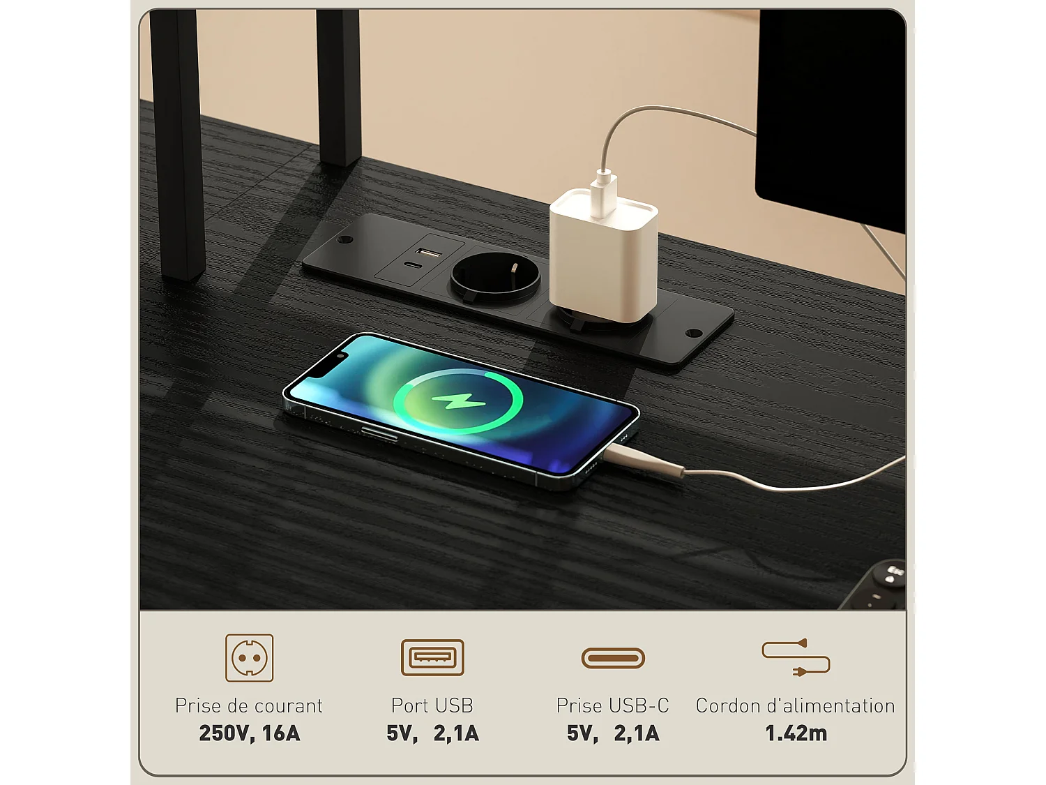 Bureau d'angle réversible design - multi-rangement - prise et port USB - métal effet bois noir