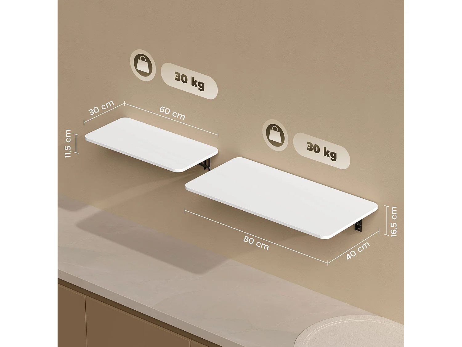 Lot de 2 tablettes rabattables - étagères murales pliables - métal noir blanc laqué