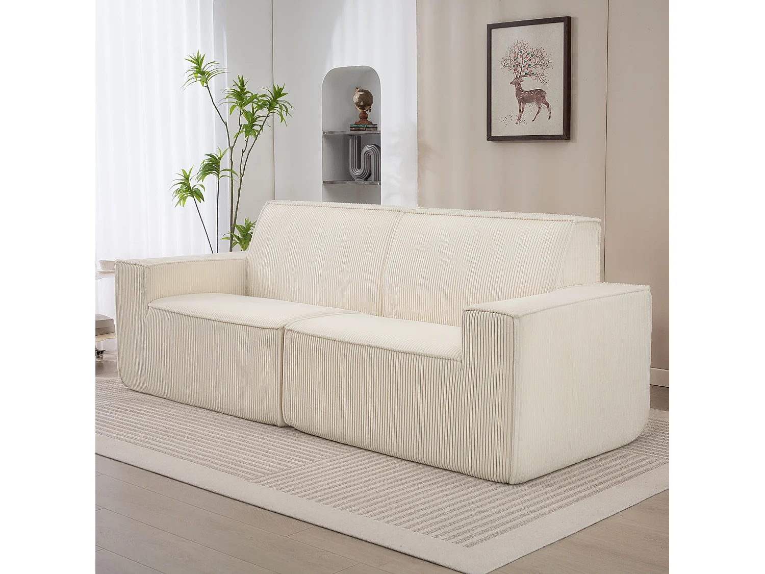 Canapé 3 places en velours côtelé grosses côtes beige