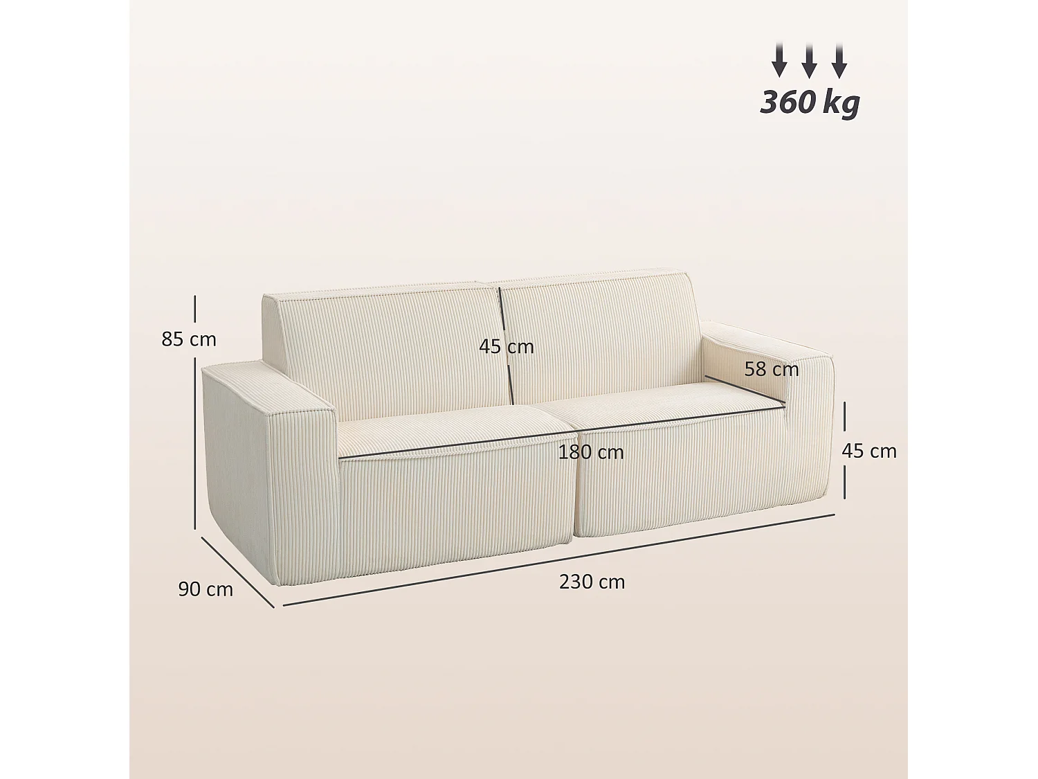 Canapé 3 places en velours côtelé grosses côtes beige