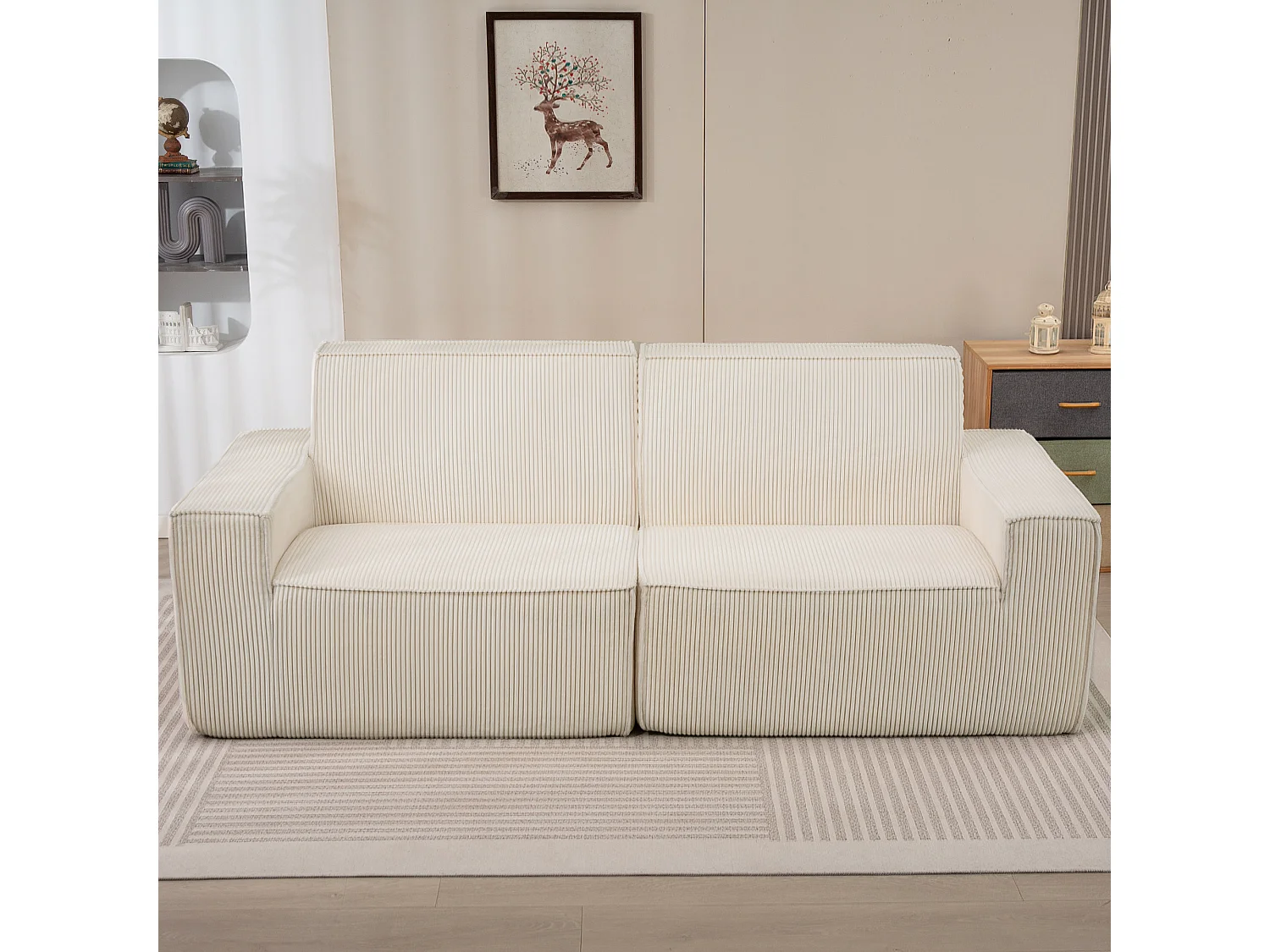 Canapé 3 places en velours côtelé grosses côtes beige