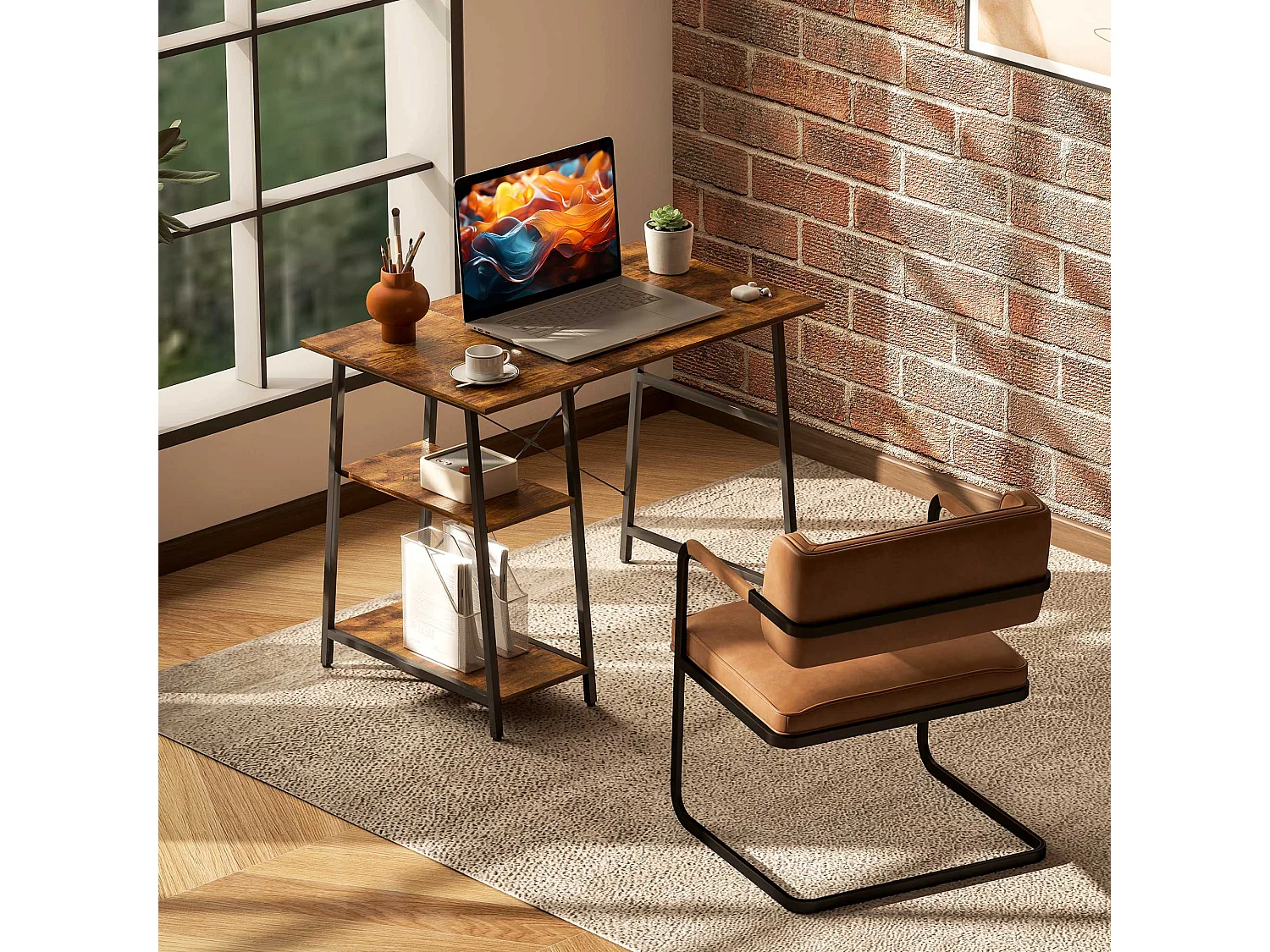 Bureau style industriel 2 étagères dim. 120 x 60 cm châssis métal noir effet bois vieilli