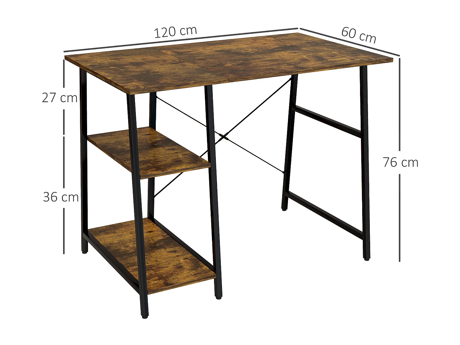 Bureau style industriel 2 étagères dim. 120 x 60 cm châssis métal noir effet bois vieilli