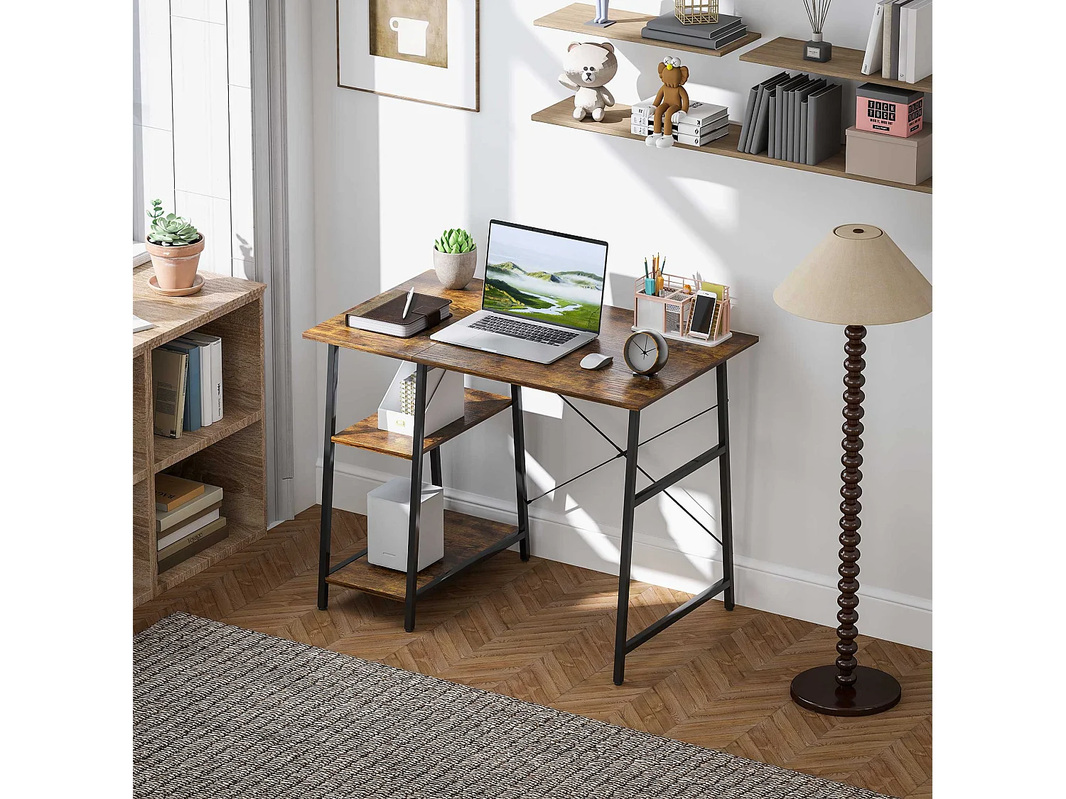 Bureau style industriel 2 étagères dim. 120 x 60 cm châssis métal noir effet bois vieilli