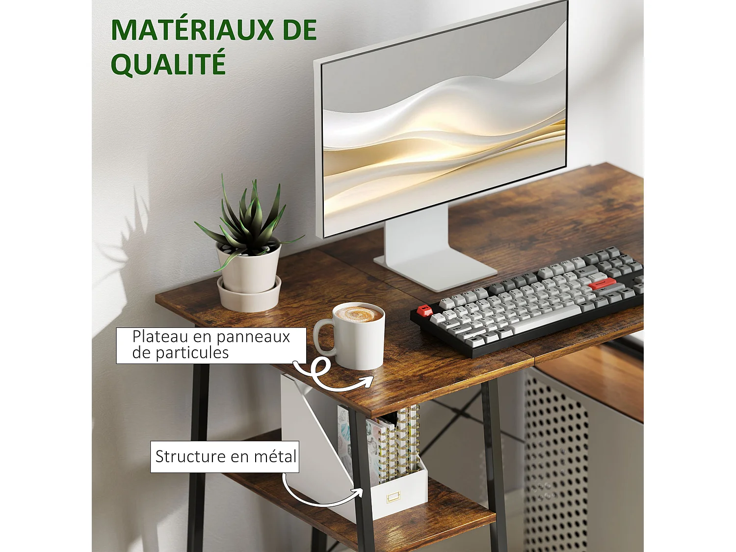 Bureau style industriel 2 étagères dim. 120 x 60 cm châssis métal noir effet bois vieilli