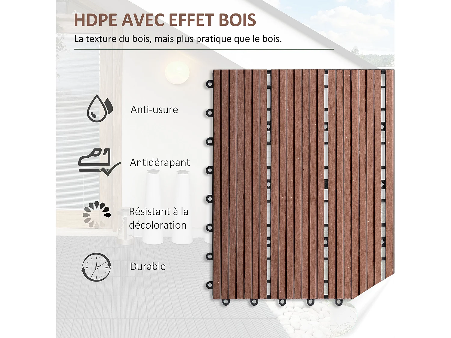 Lot de 11 dalles de jardin piscine 30 x 30 x 2,2 cm - clipsables, antidérapantes - HDPE effet bois