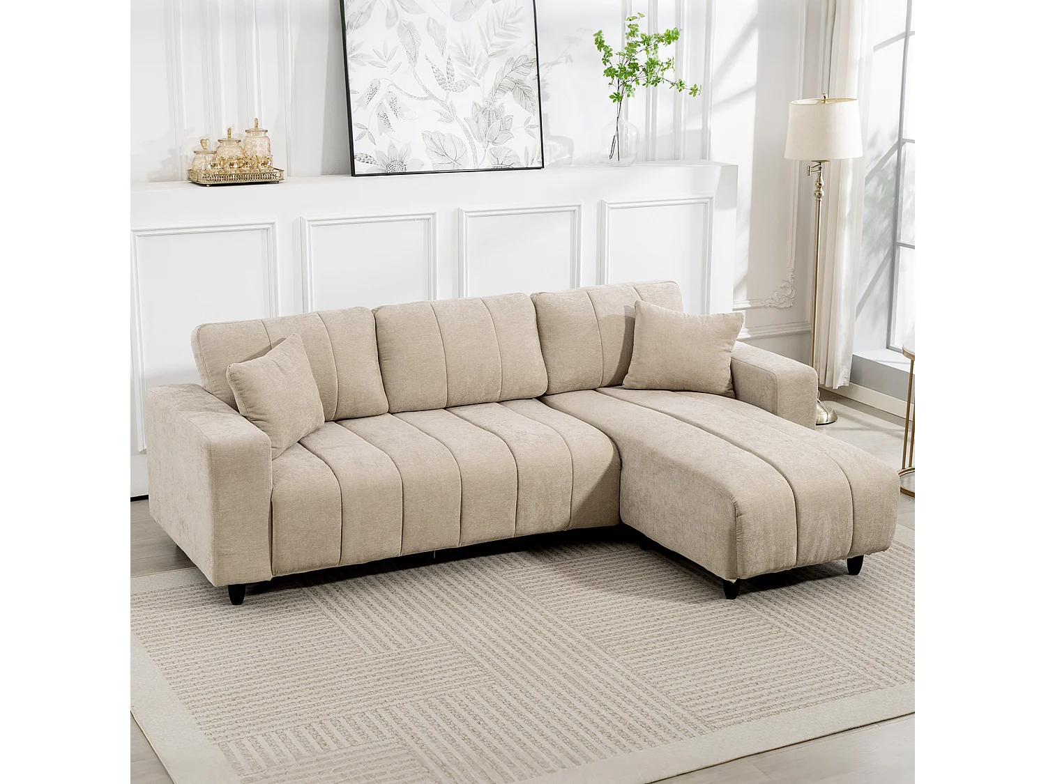 Canapé d'angle réversible 3 places design look matelassé 2 coussins déco tissu toucher lin beige