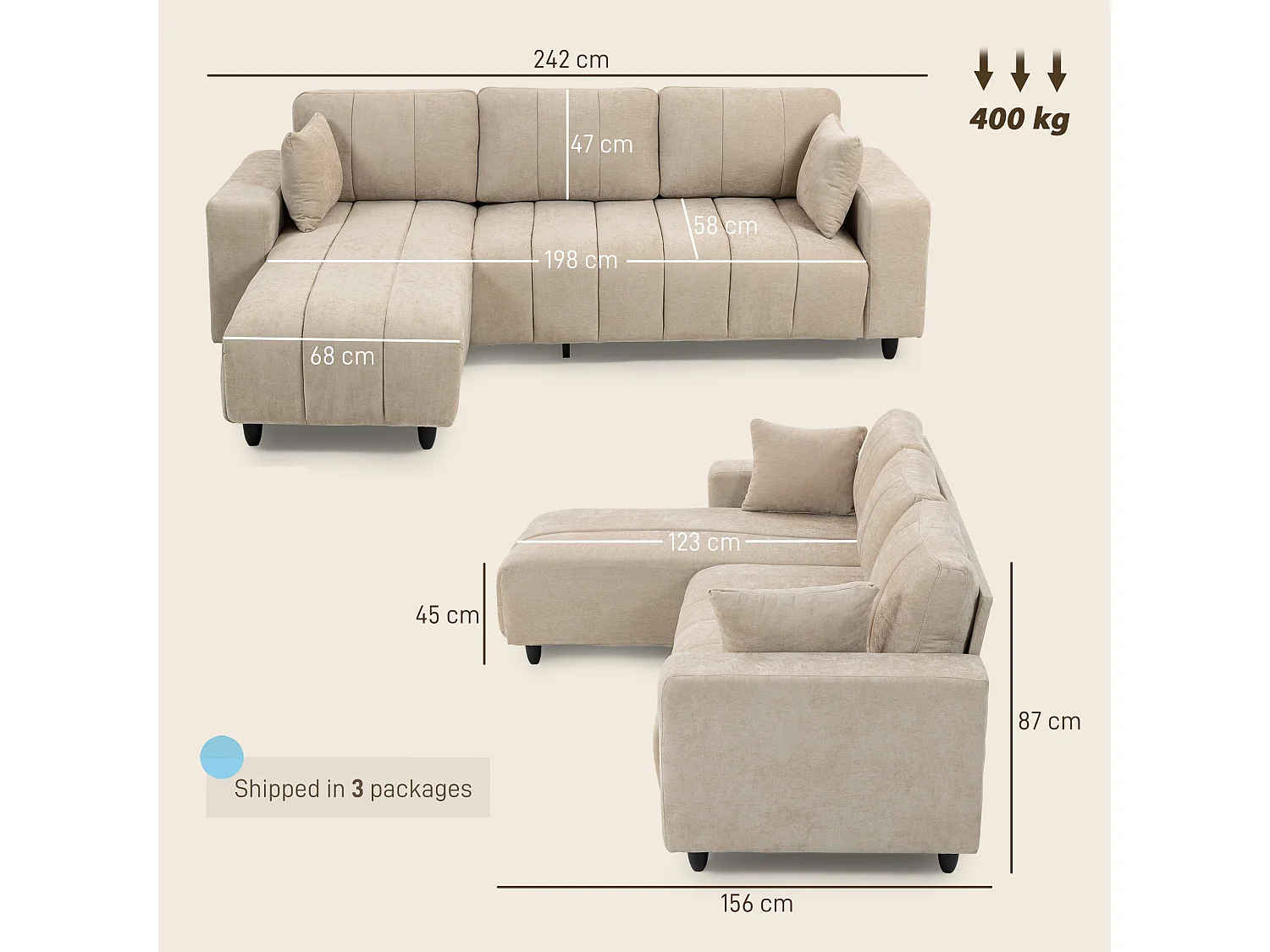 Canapé d'angle réversible 3 places design look matelassé 2 coussins déco tissu toucher lin beige