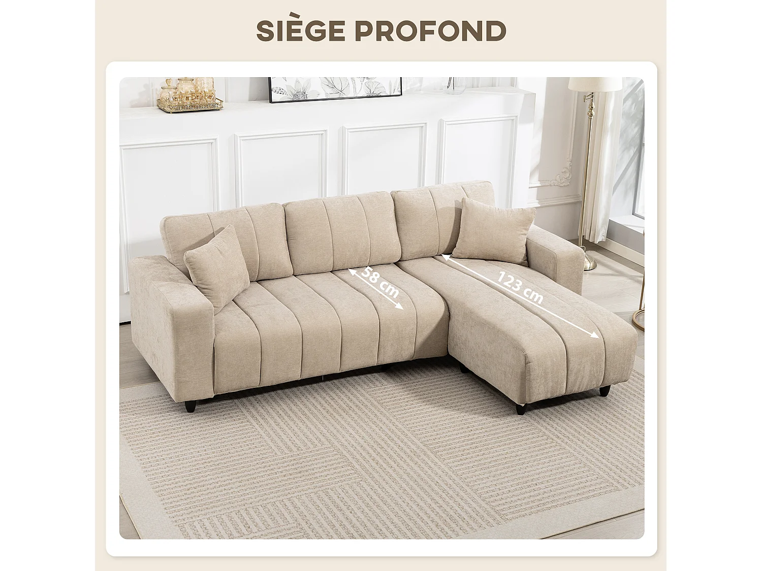 Canapé d'angle réversible 3 places design look matelassé 2 coussins déco tissu toucher lin beige