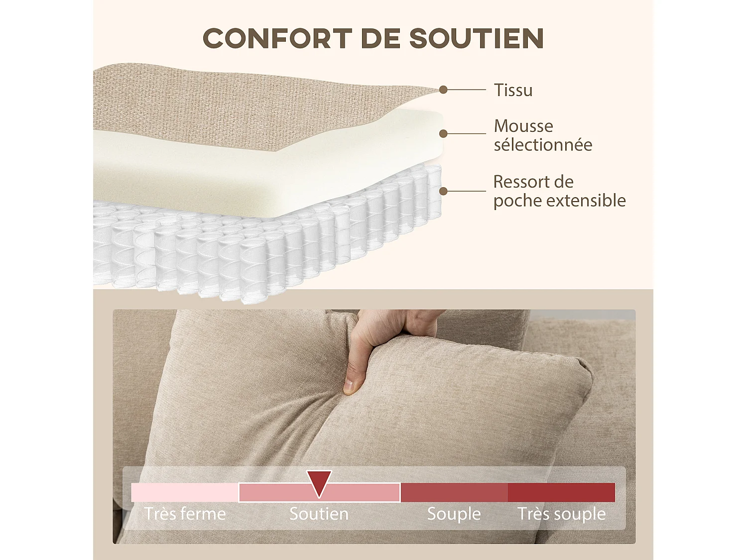 Canapé d'angle réversible 3 places design look matelassé 2 coussins déco tissu toucher lin beige