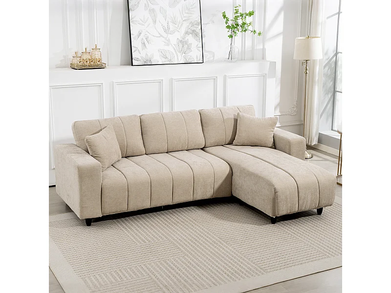 Canapé d'angle réversible 3 places design look matelassé 2 coussins déco tissu toucher lin beige