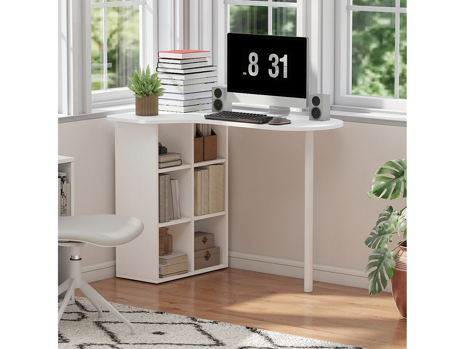 Bureau design - bureau forme organique compacte dim. 100 x 59 cm - 6 niches - acier MDF blanc