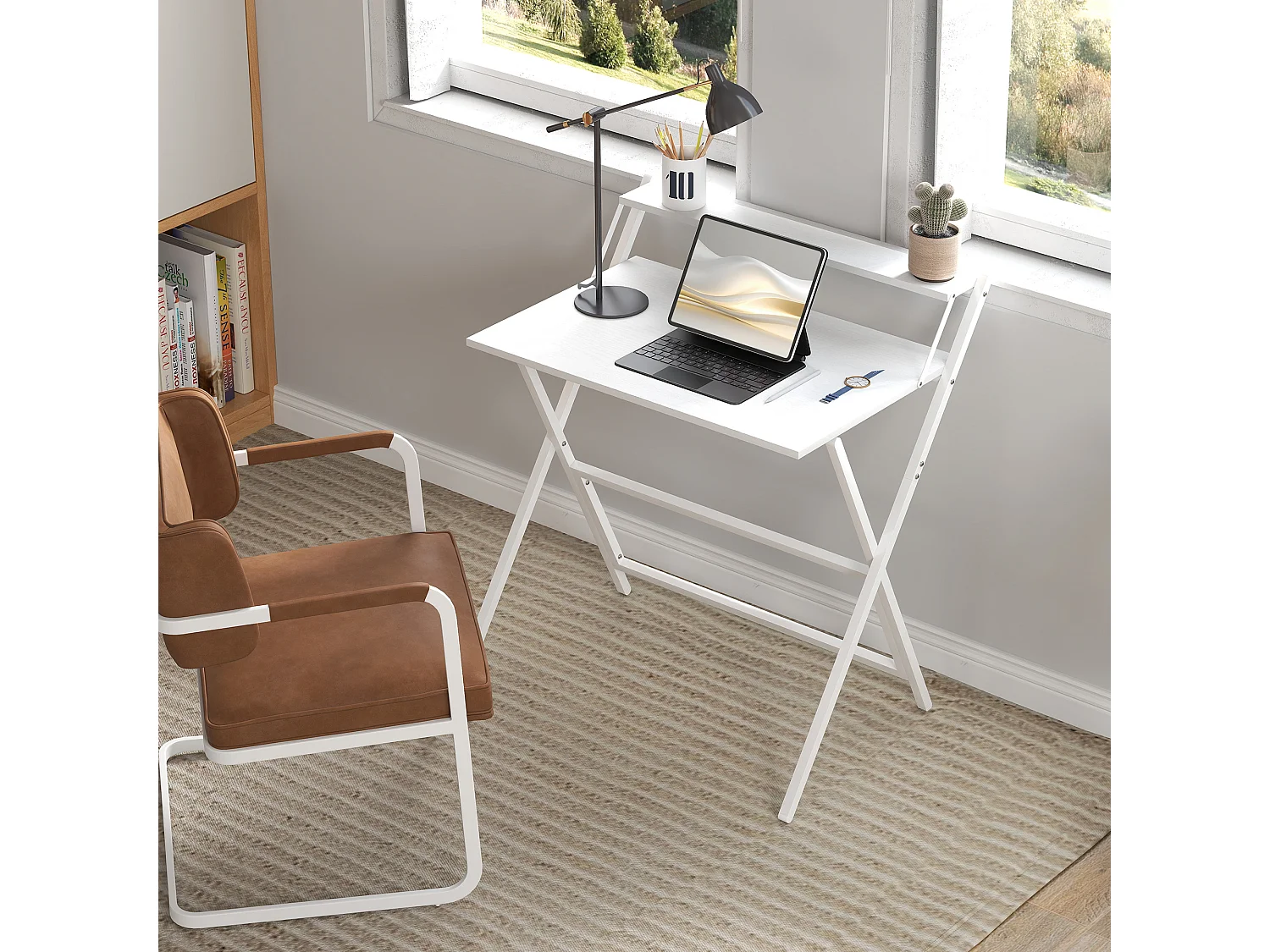 Bureau informatique design pliable - étagère haute - structure acier effet bois blanc