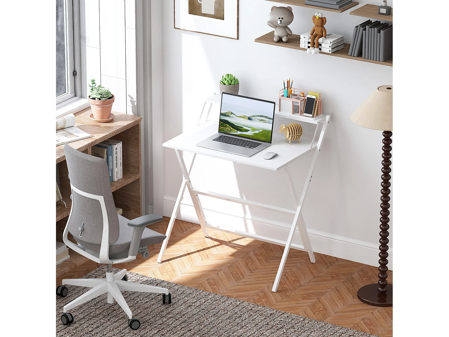 Bureau informatique design pliable - étagère haute - structure acier effet bois blanc