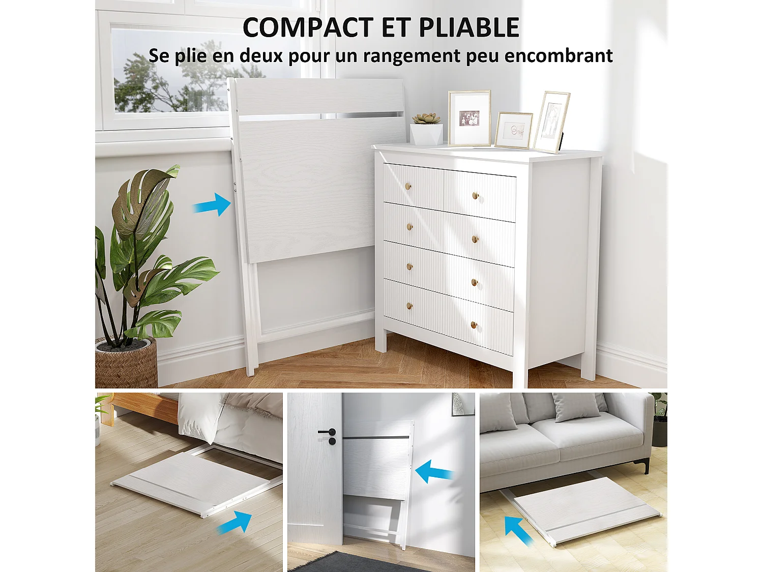 Bureau informatique design pliable - étagère haute - structure acier effet bois blanc