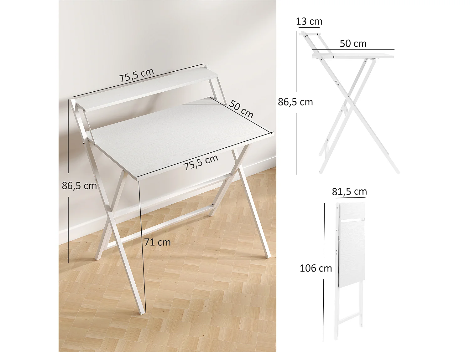 Bureau informatique design pliable - étagère haute - structure acier effet bois blanc