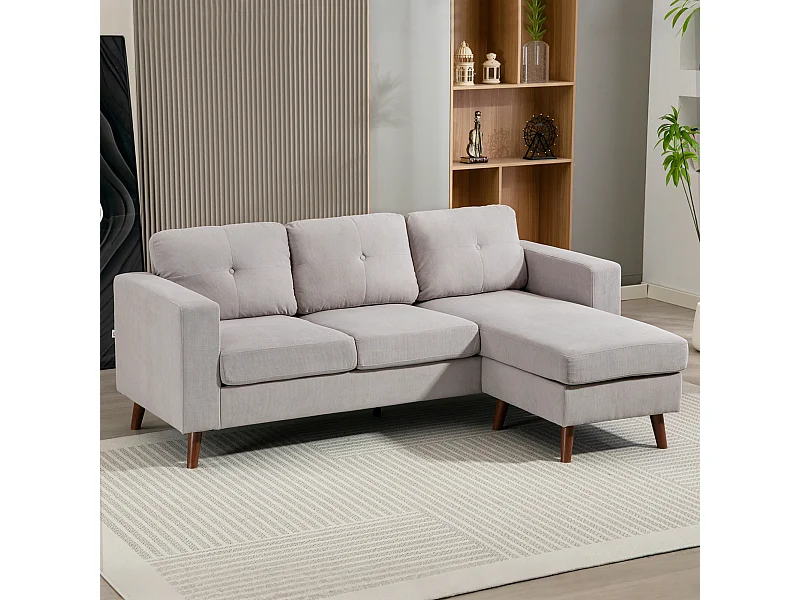 Canapé d'angle 3 places design velours côtelé piètement effet bois tissu gris clair