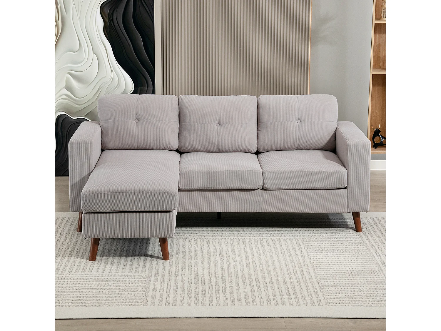 Canapé d'angle 3 places design velours côtelé piètement effet bois tissu gris clair