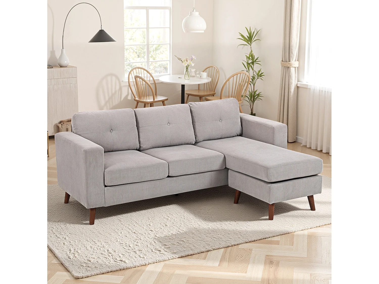 Canapé d'angle 3 places design velours côtelé piètement effet bois tissu gris clair