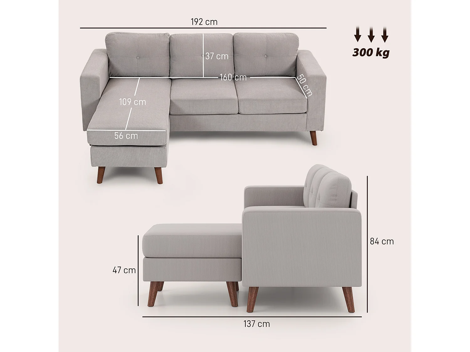 Canapé d'angle 3 places design velours côtelé piètement effet bois tissu gris clair