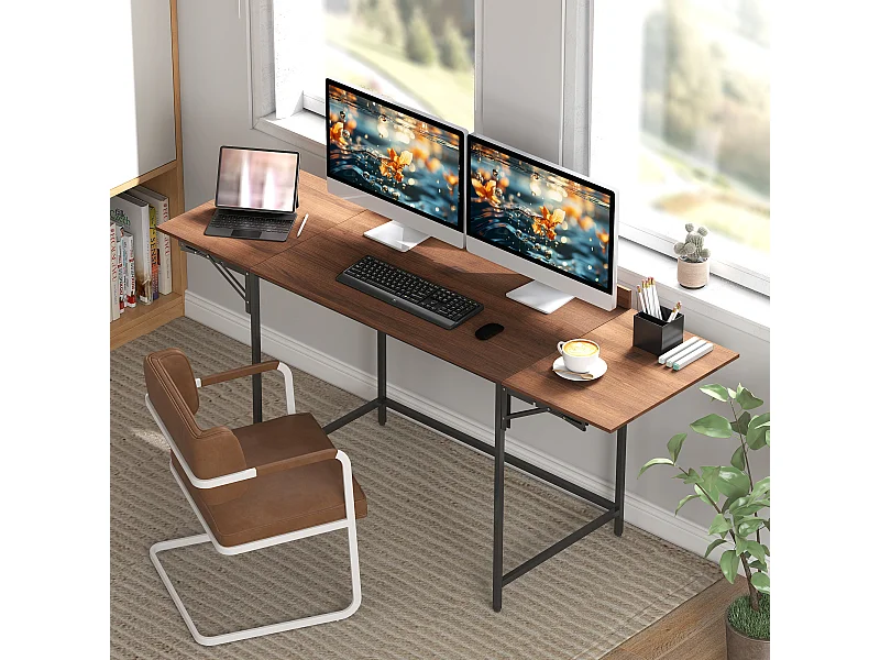 Bureau pliable bureau pliant 2 rallonges rebord plateau arrière métal noir effet bois noyer