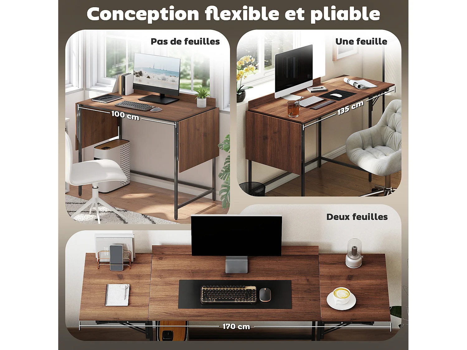 Bureau pliable bureau pliant 2 rallonges rebord plateau arrière métal noir effet bois noyer