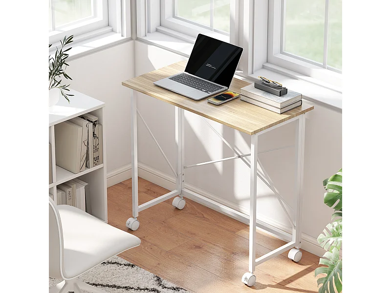 Bureau pliable à roulettes dim. 80x40cm acier blanc effet chêne clair