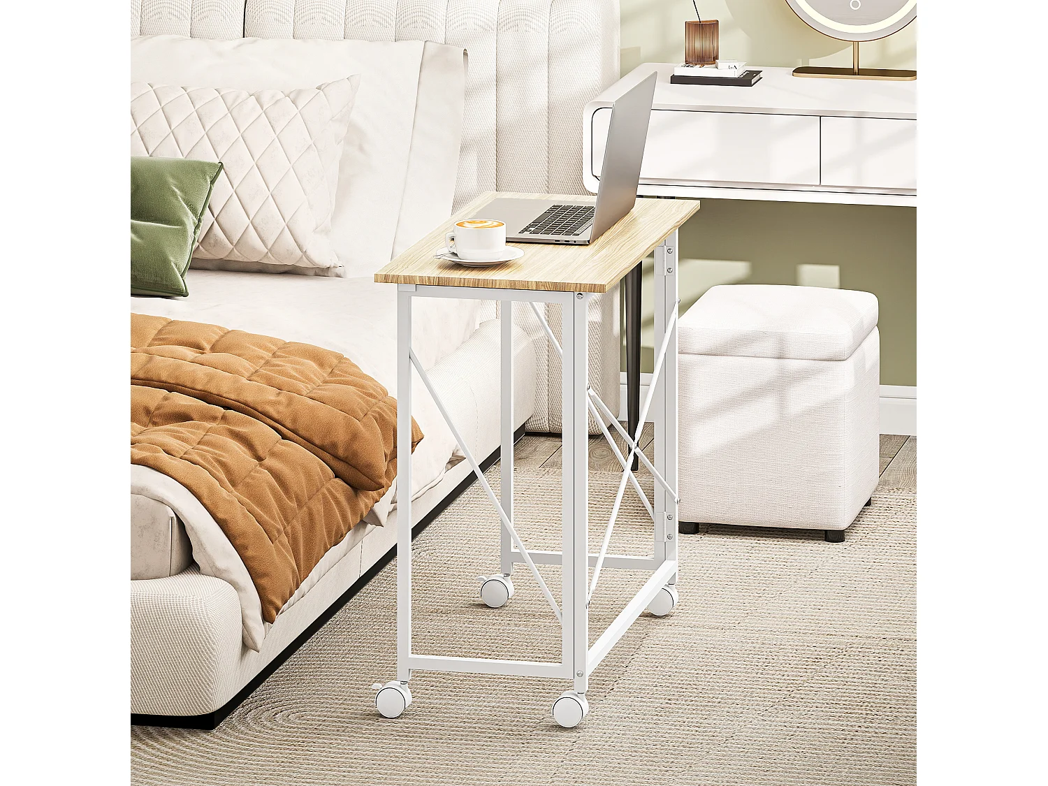 Bureau pliable à roulettes dim. 80x40cm acier blanc effet chêne clair