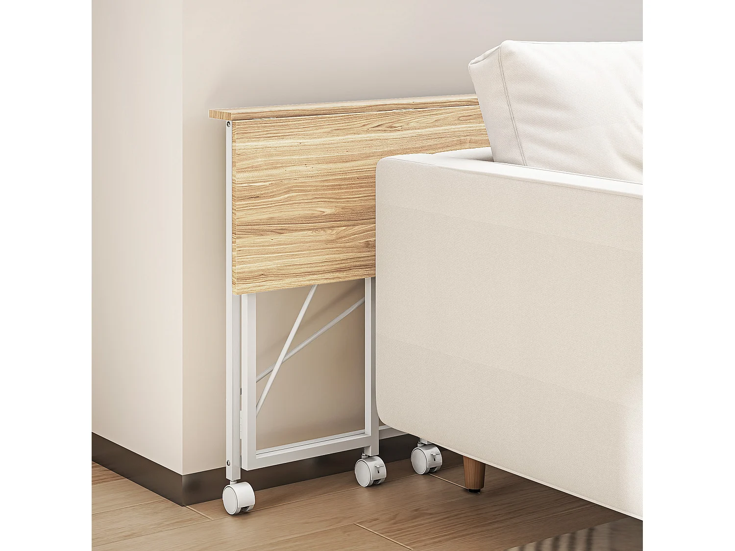 Bureau pliable à roulettes dim. 80x40cm acier blanc effet chêne clair