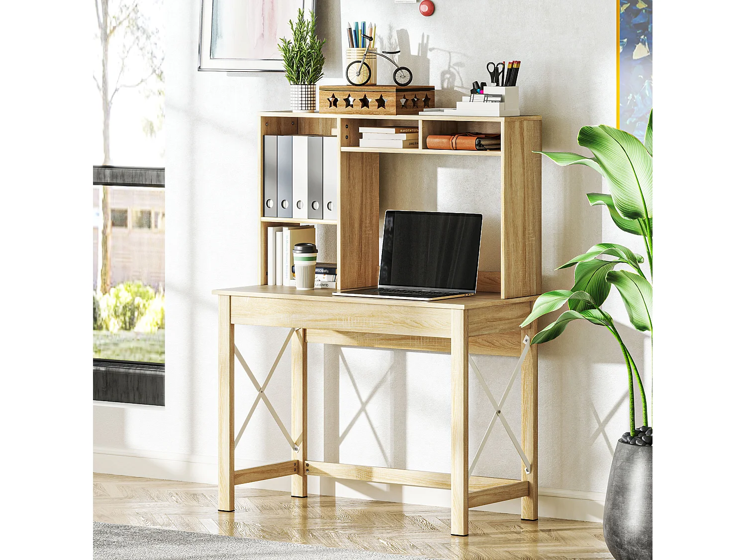 Bureau bibliothèque 2 en 1 - 3 niches 4 espaces de rangement - panneaux particules aspect bois clair métal blanc