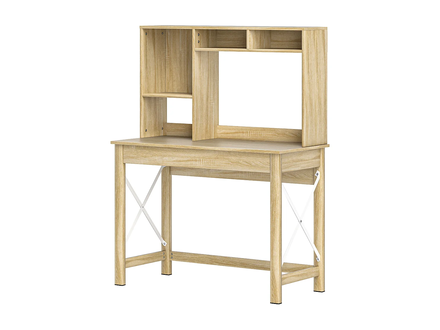 Bureau bibliothèque 2 en 1 - 3 niches 4 espaces de rangement - panneaux particules aspect bois clair métal blanc