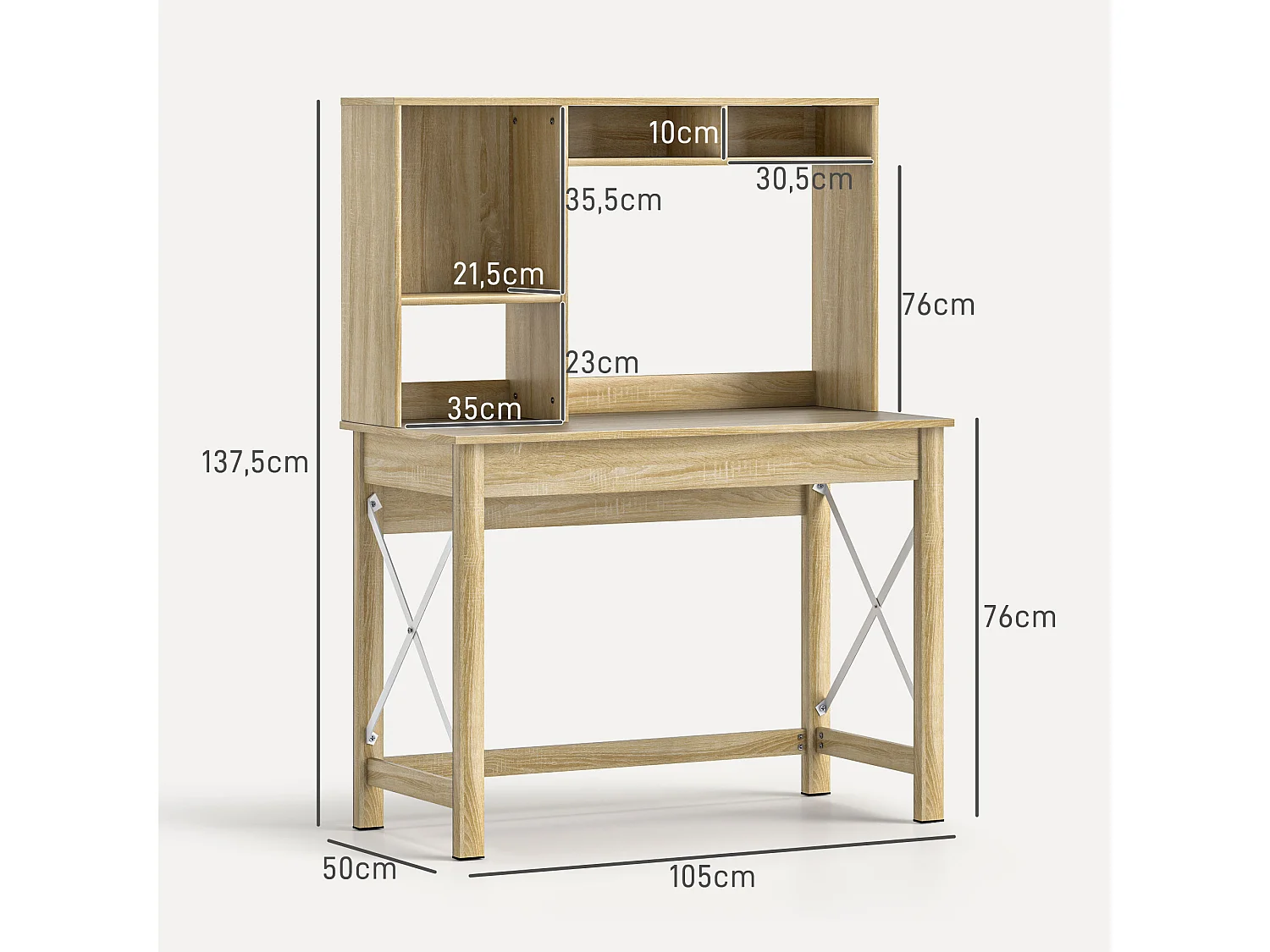 Bureau bibliothèque 2 en 1 - 3 niches 4 espaces de rangement - panneaux particules aspect bois clair métal blanc