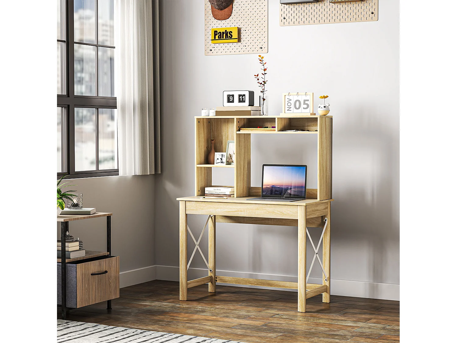 Bureau bibliothèque 2 en 1 - 3 niches 4 espaces de rangement - panneaux particules aspect bois clair métal blanc