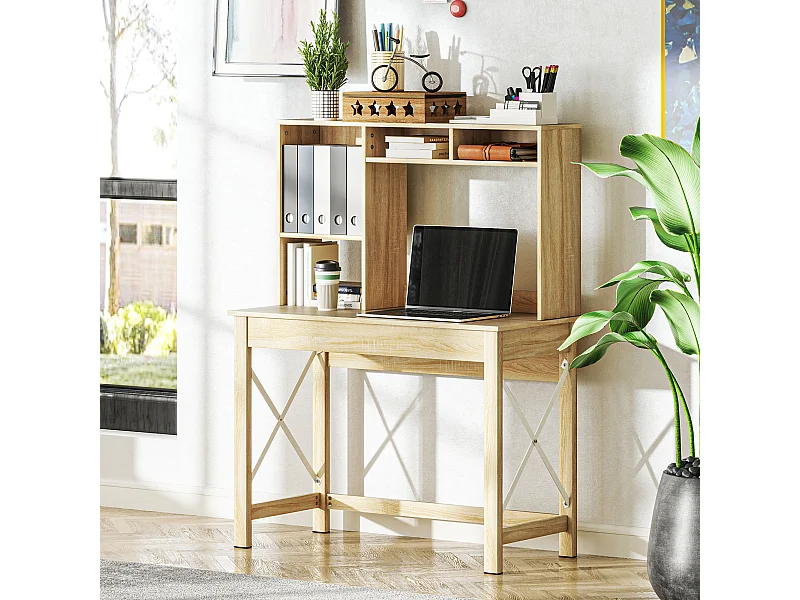 Bureau bibliothèque 2 en 1 - 3 niches 4 espaces de rangement - panneaux particules aspect bois clair métal blanc