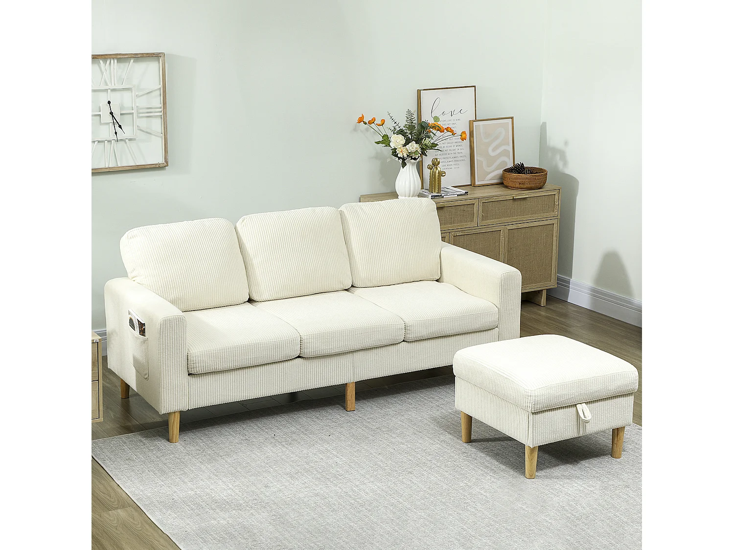 Canapé 3 places velours côtelé style nordique avec repose-pieds coffre coussins déhoussables beige clair