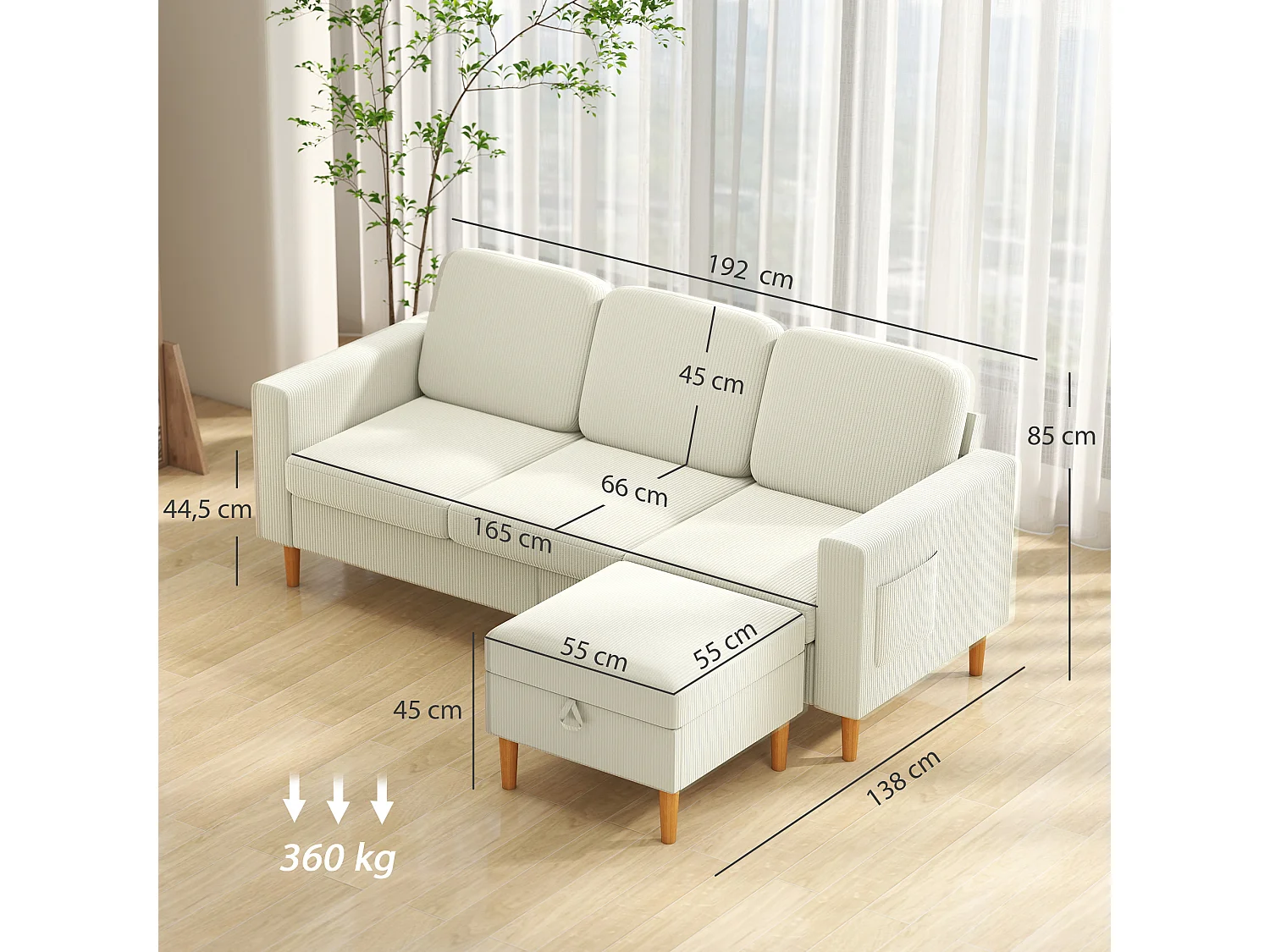 Canapé 3 places velours côtelé style nordique avec repose-pieds coffre coussins déhoussables beige clair