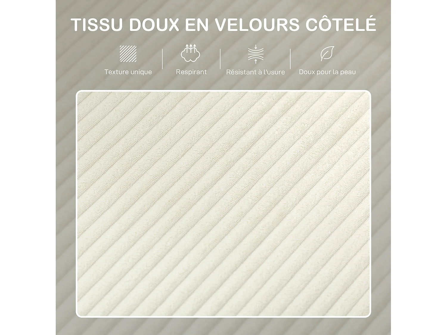 Canapé 3 places velours côtelé style nordique avec repose-pieds coffre coussins déhoussables beige clair