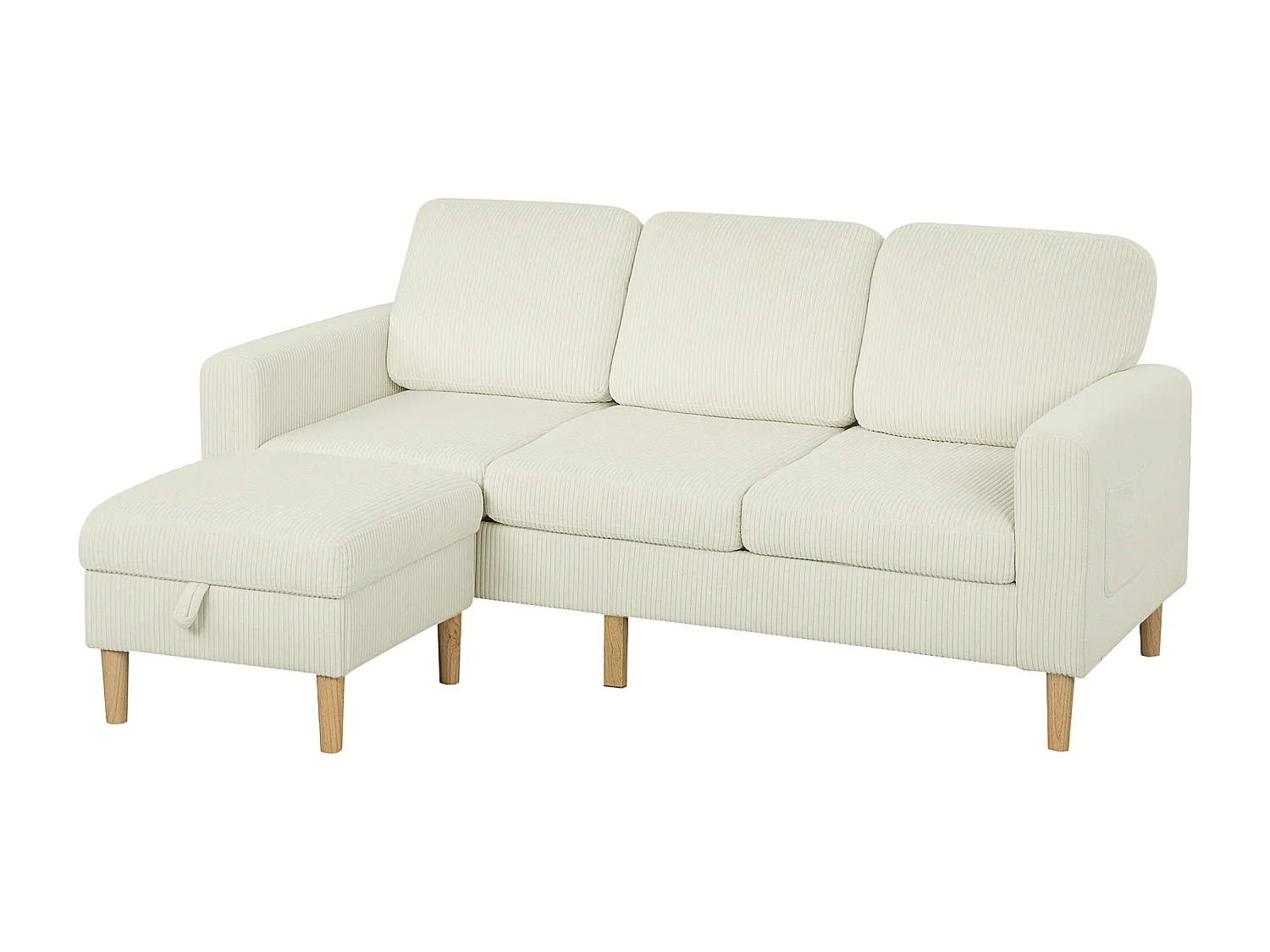 Canapé 3 places velours côtelé style nordique avec repose-pieds coffre coussins déhoussables beige clair