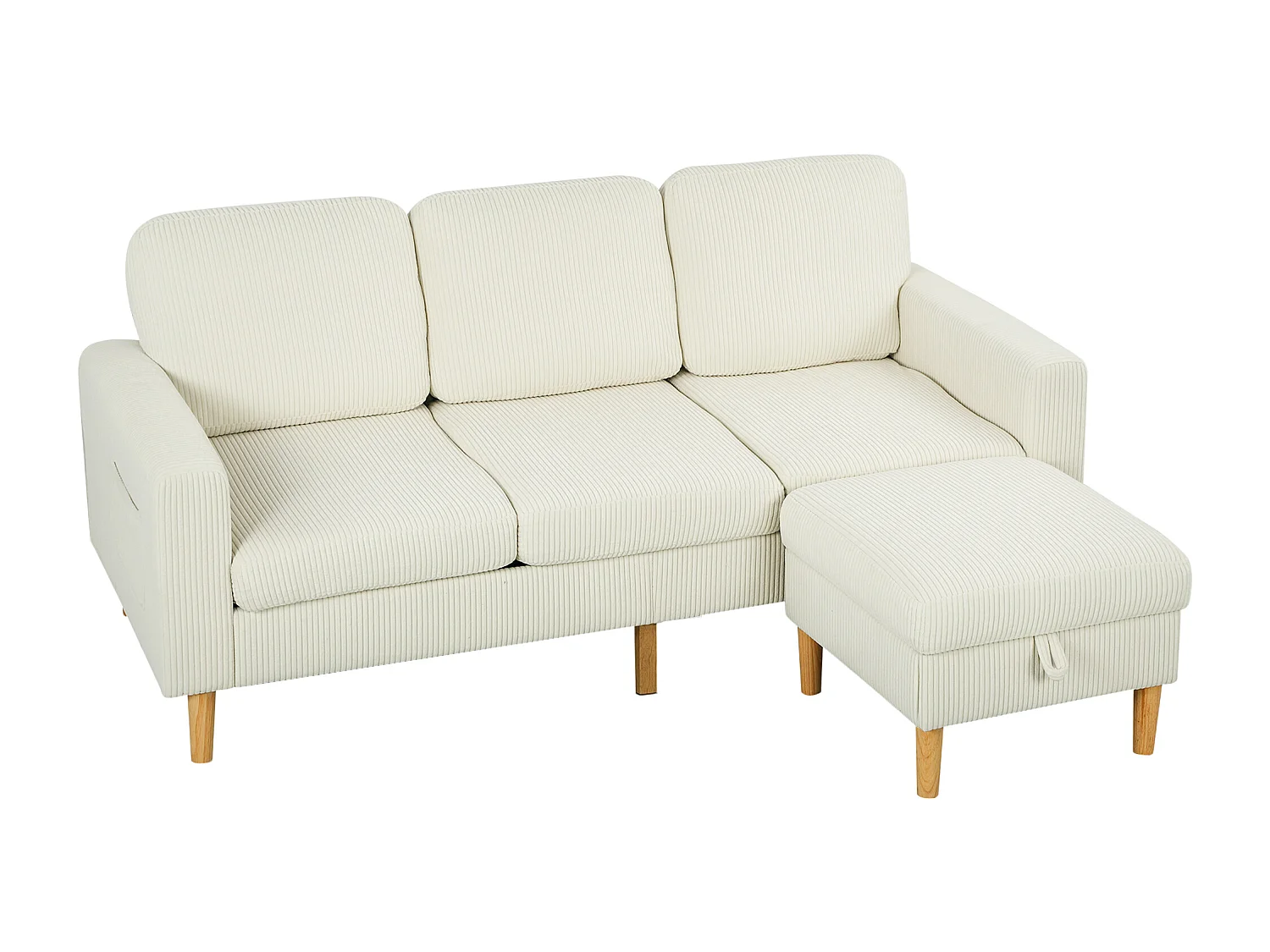 Canapé 3 places velours côtelé style nordique avec repose-pieds coffre coussins déhoussables beige clair