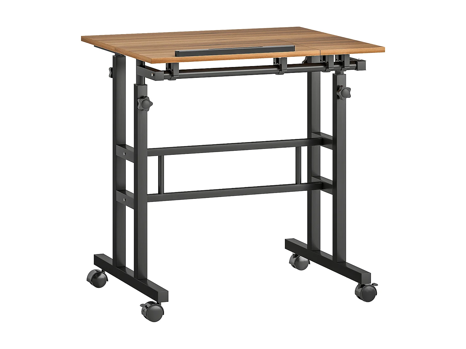 Bureau assis debout inclinable réglable H.70,5-120 cm mobile 3 plateaux métal noir effet bois