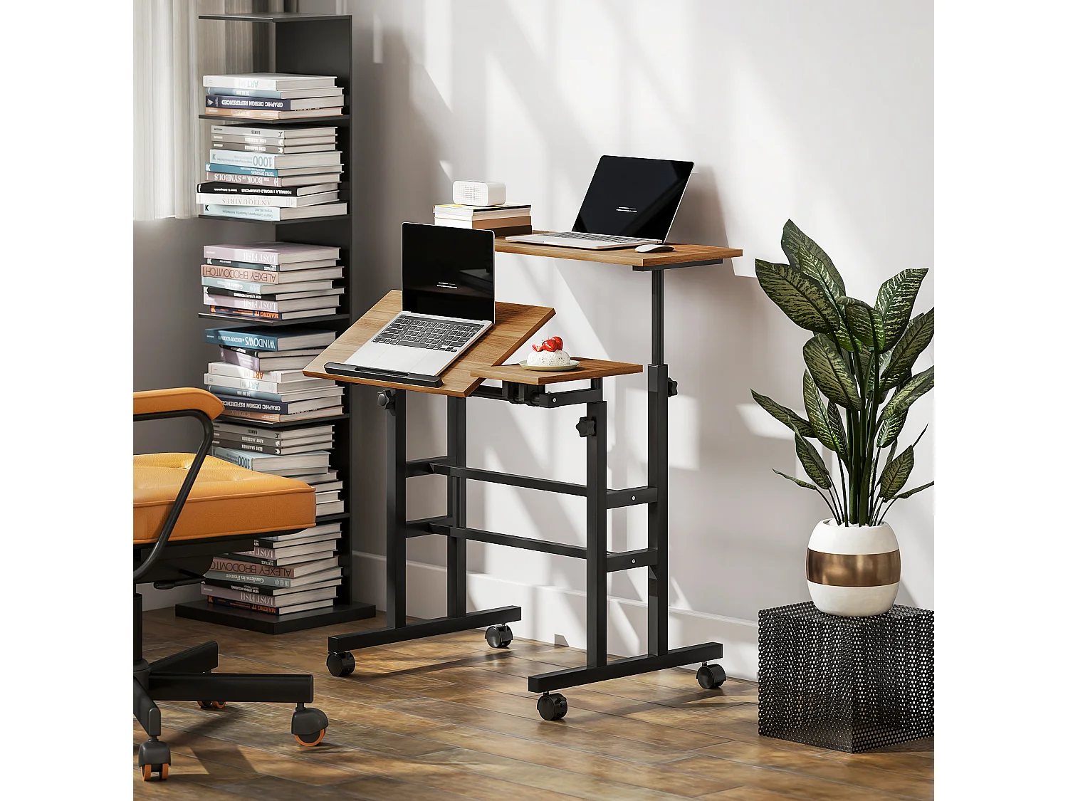 Bureau assis debout inclinable réglable H.70,5-120 cm mobile 3 plateaux métal noir effet bois