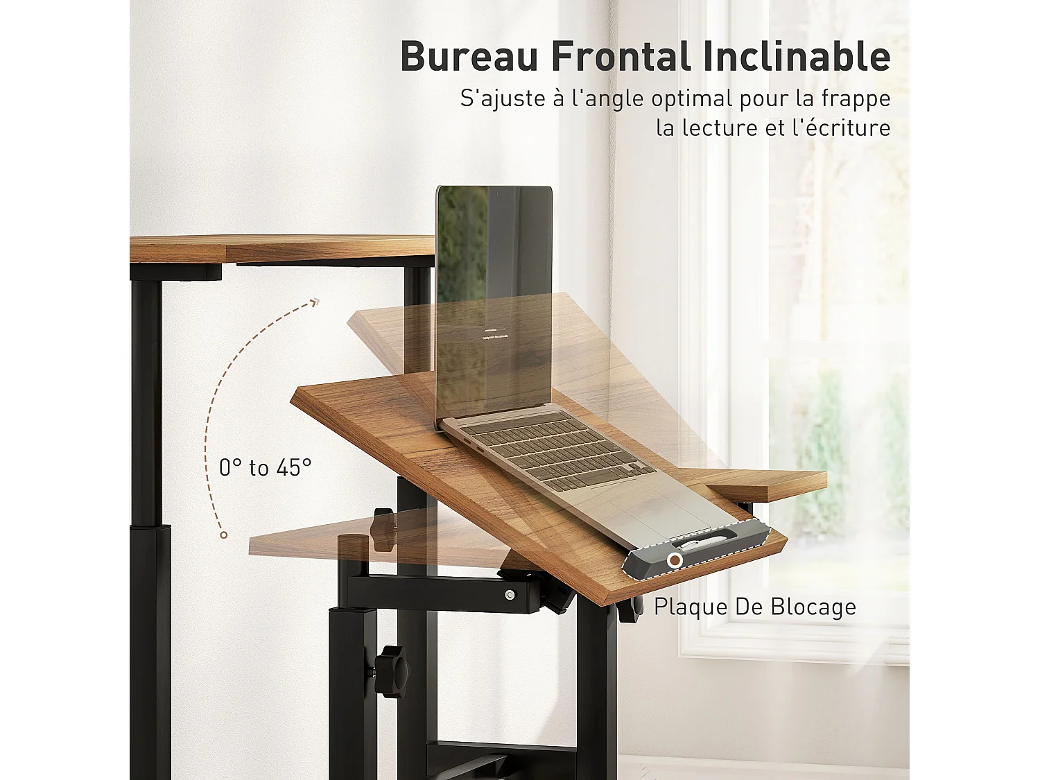 Bureau assis debout inclinable réglable H.70,5-120 cm mobile 3 plateaux métal noir effet bois