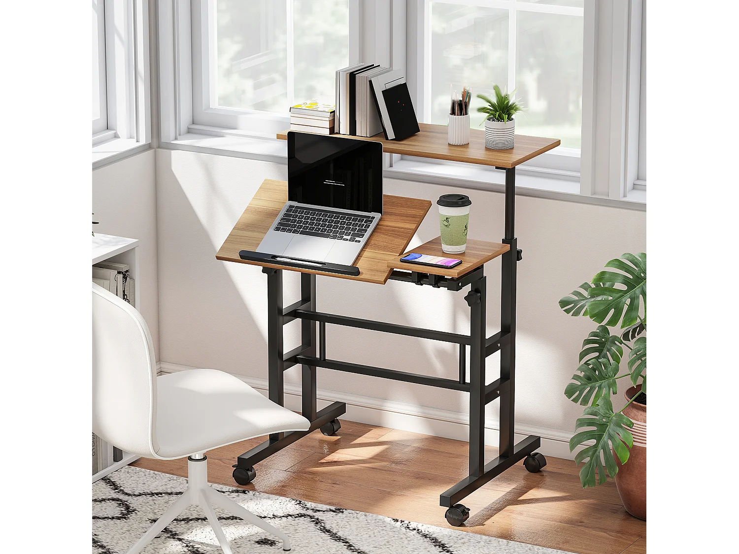 Bureau assis debout inclinable réglable H.70,5-120 cm mobile 3 plateaux métal noir effet bois