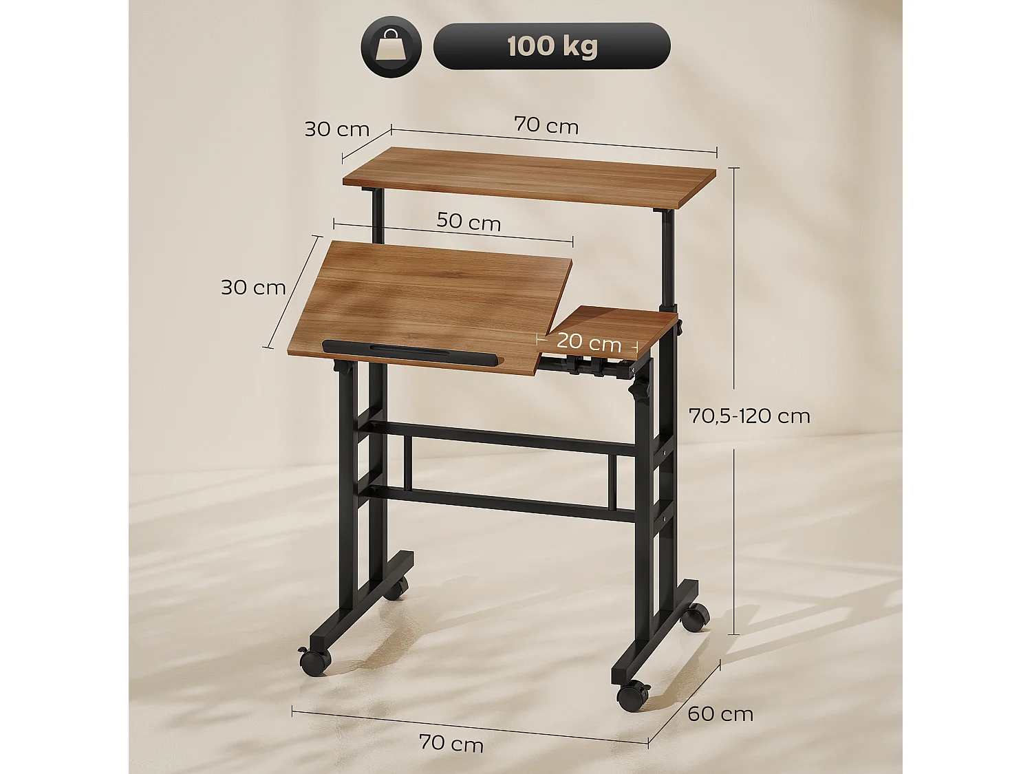 Bureau assis debout inclinable réglable H.70,5-120 cm mobile 3 plateaux métal noir effet bois