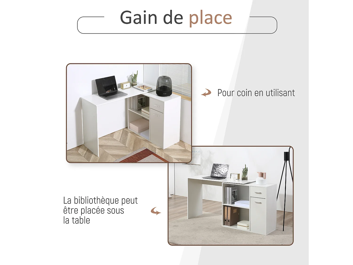 Bureau d'angle ou droit modulable bibliothèque tiroir une porte blanc