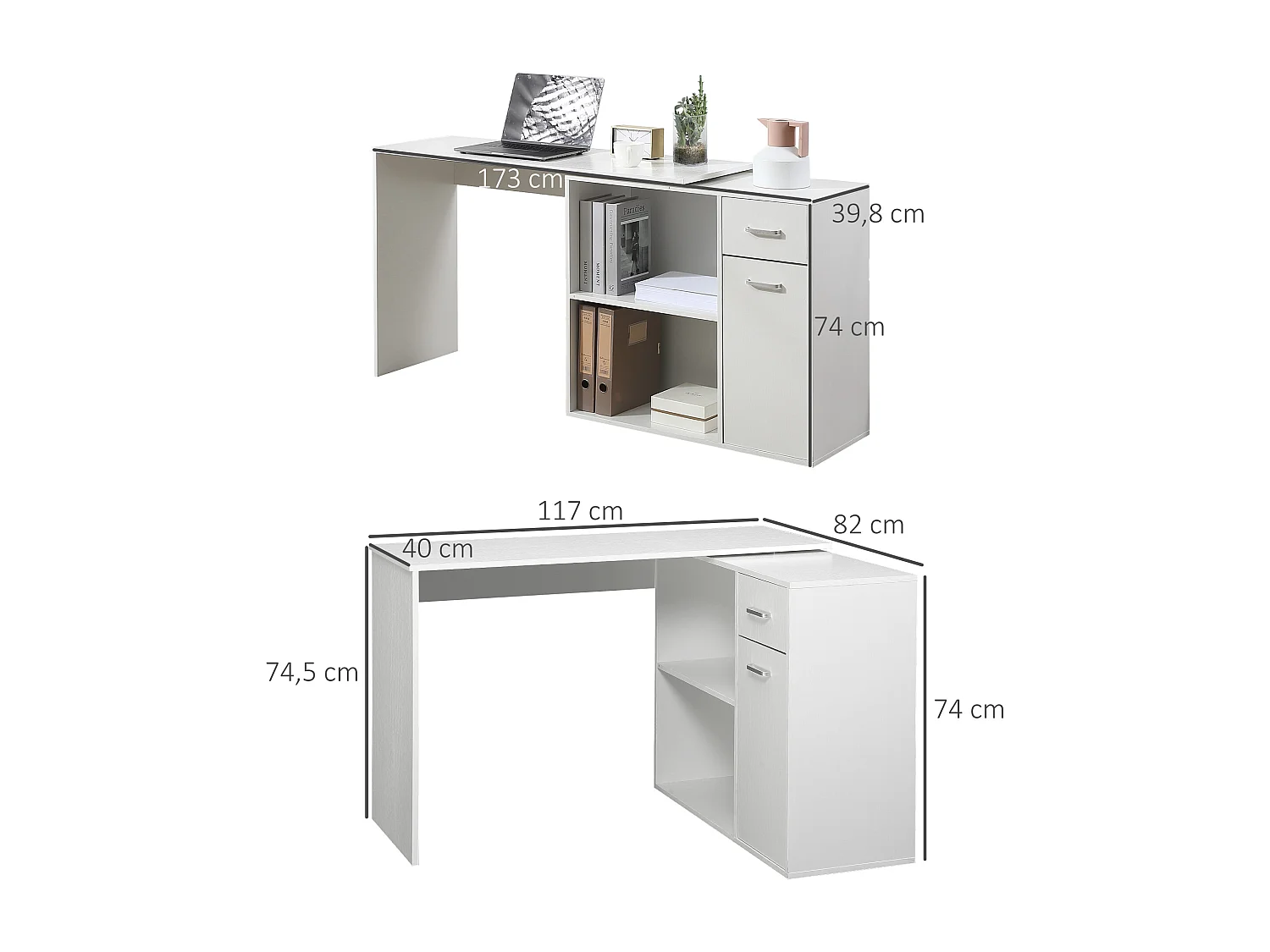 Bureau d'angle ou droit modulable bibliothèque tiroir une porte blanc